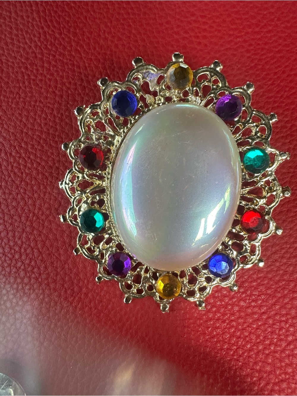 Vintage Gold-Tone Multicolor Stone Oval Cabochon Brooch - White Center